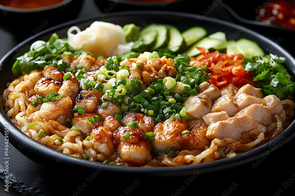 Savory Chicken Udon Noodles with Fresh Vegetables and Garnishes - Delicious Meal for Food Photography