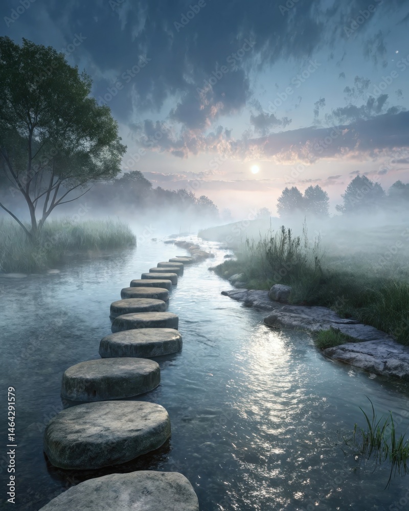 A series of stepping stones across a stream demonstrating gradual progress and the small deliberate steps taken toward understanding oneself.