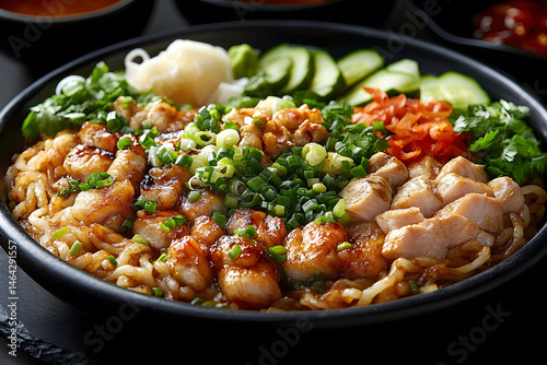 Obraz na płótnie Savory Chicken Udon Noodles with Fresh Vegetables and Garnishes - Delicious Meal for Food Photography w salonie