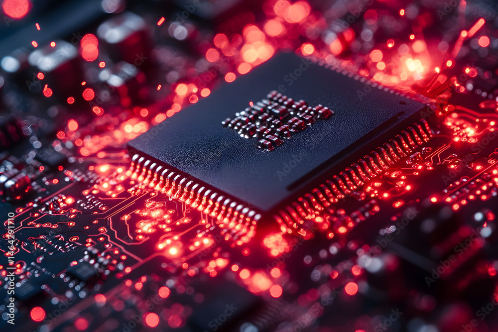 Futuristic Circuit Board with Glowing Red Lights for Tech Design and Innovation Concepts