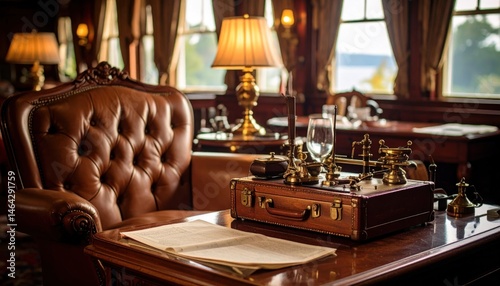 Telegraph on Desk with Chair and Lamp in a Room