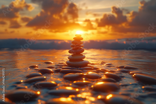 Tranquil Sunset Beach with Zen Stone Stack - Perfect for Wellness and Meditation Themes