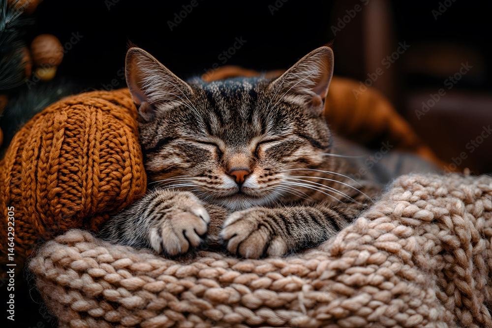 Cozy Autumn Scene with Sleeping Cat and Knitted Textures for Seasonal Home Decor