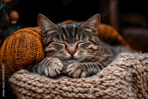 Obraz na płótnie Cozy Autumn Scene with Sleeping Cat and Knitted Textures for Seasonal Home Decor w salonie