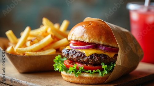 Juicy cheeseburger with fries and drink at gastrobar