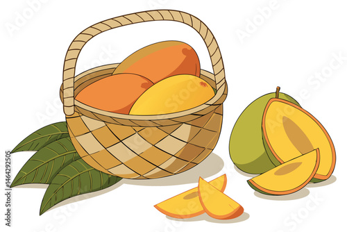 106 Photorealistic still life, woven basket filled with ripe mangoes, vibrant yellow and orange fruits, green mango leaves, sliced mango pieces, soft lighting, high detail, food photography, white bac