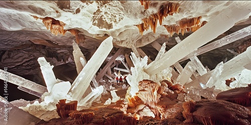 Glowing crystal cavern filled enormous shimmering stalagmites and stalactites cinematic underground wonder