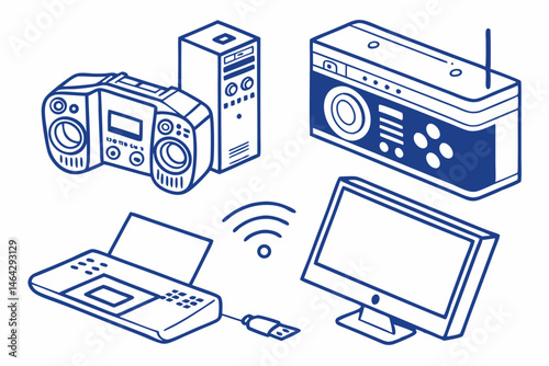 Computer network icons set presents vector design symbols for internet technology, business web, and flat network concepts with computer, laptop, phone, tablet, cloud, media, printer, website, mobile,