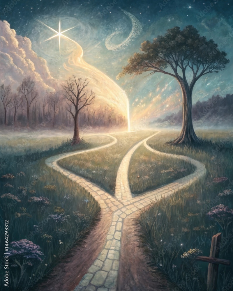 A path diverging into multiple directions representing the choices and experiences that contribute to the formation of identity over time.