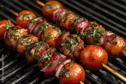 Obraz na płótnie Grilled Skewers with Cherry Tomatoes and Herbs for Summer Barbecue w salonie