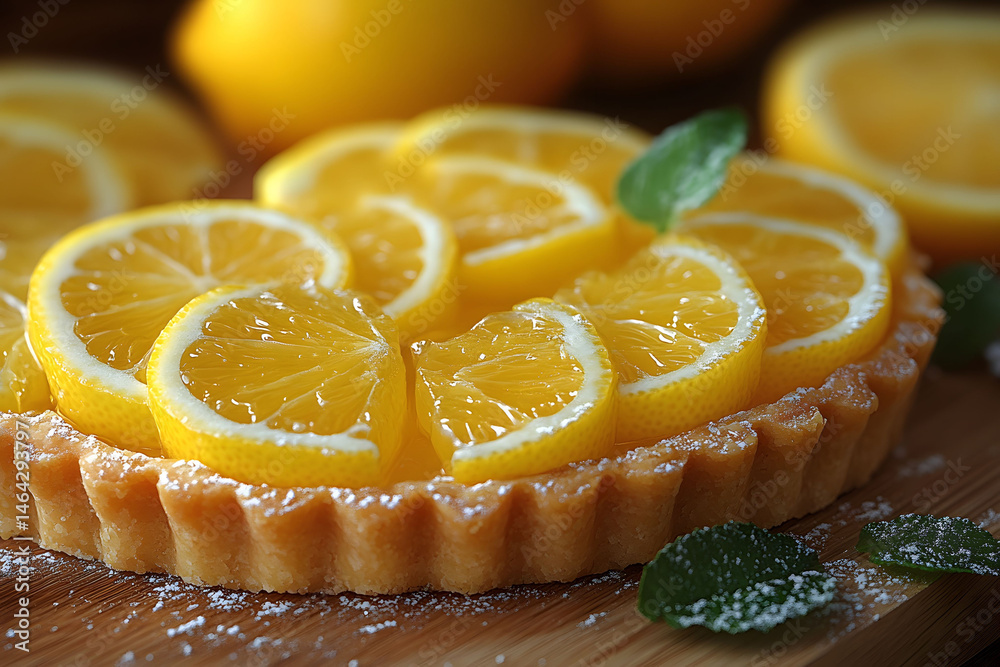 Citrus Delight: Fresh Lemon Tart with Sliced Lemons and Mint for Dessert Photography