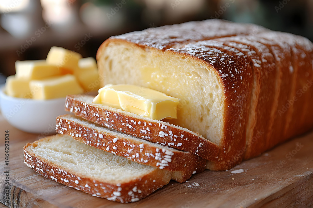 Freshly Baked Sliced Bread Loaf with Butter for Breakfast Inspiration