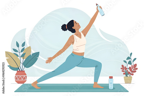 yoga woman with matt and bottle isolated	