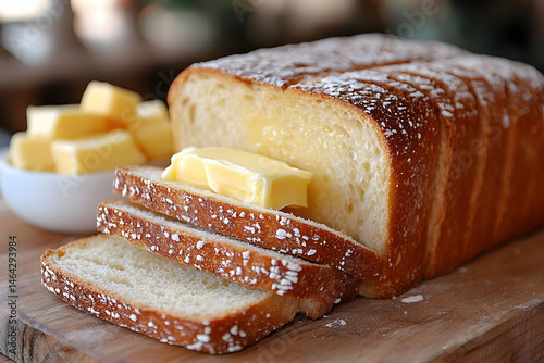 Obraz na płótnie Freshly Baked Sliced Bread Loaf with Butter for Breakfast Inspiration w salonie