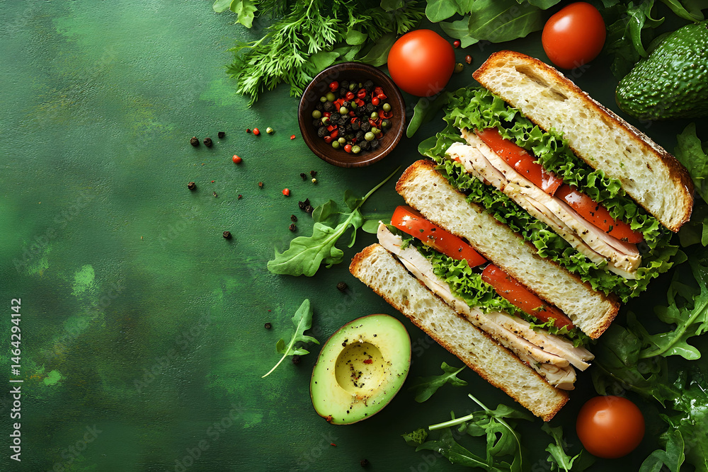 Healthy Sandwich with Fresh Vegetables and Avocado on Rustic Green Background