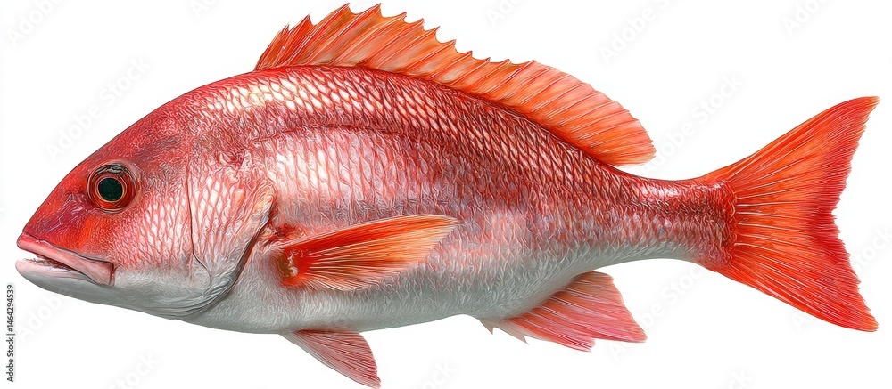 Fototapeta premium A red snapper fish with vivid red fins and scales, isolated on a white background.
