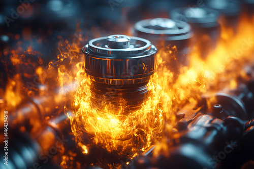 Obraz na płótnie Automotive Component in Flames - Conceptual Representation of Engine Heat and Power w salonie