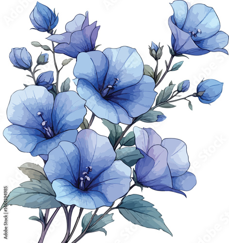 Elegant Watercolor Painting of a Bouquet of Blue Flowers with Delicate Petals and Lush Green Leaves