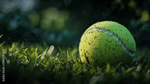 A hyper-realistic tennis ball with bite marks is resting on a grassy field.