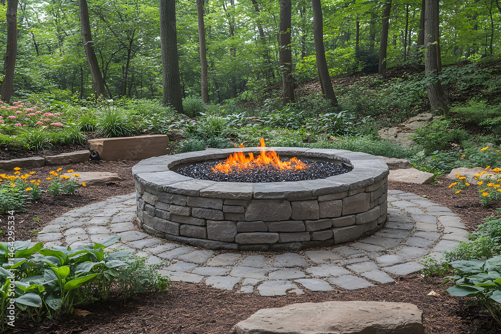 Tranquil Garden Fire Pit in Lush Woodland Setting for Outdoor Relaxation