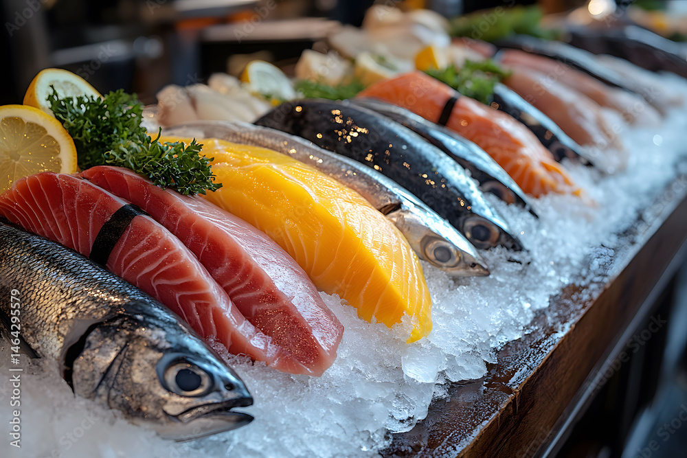 Fresh Seafood Selection on Ice Display for Culinary Presentation and Cooking Inspiration