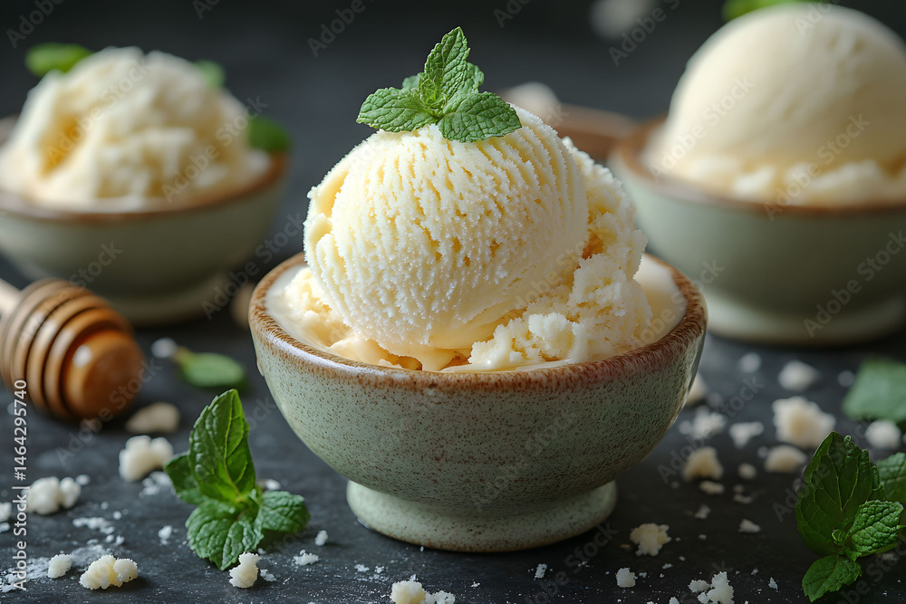 Creamy Vanilla Ice Cream Scoop with Mint Garnish in Rustic Bowls for Gourmet Dessert Presentation