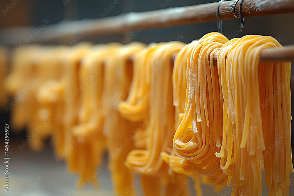 Traditional Italian Pasta Drying on Wooden Racks
