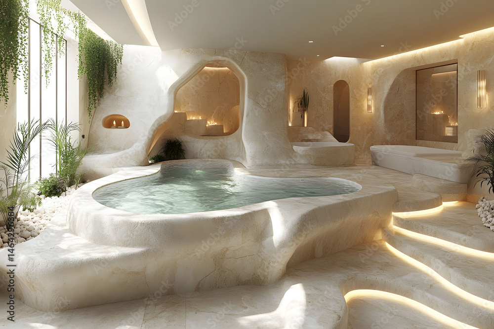 Luxurious Spa Retreat with Natural Stone Design and Ambient Lighting for Relaxation