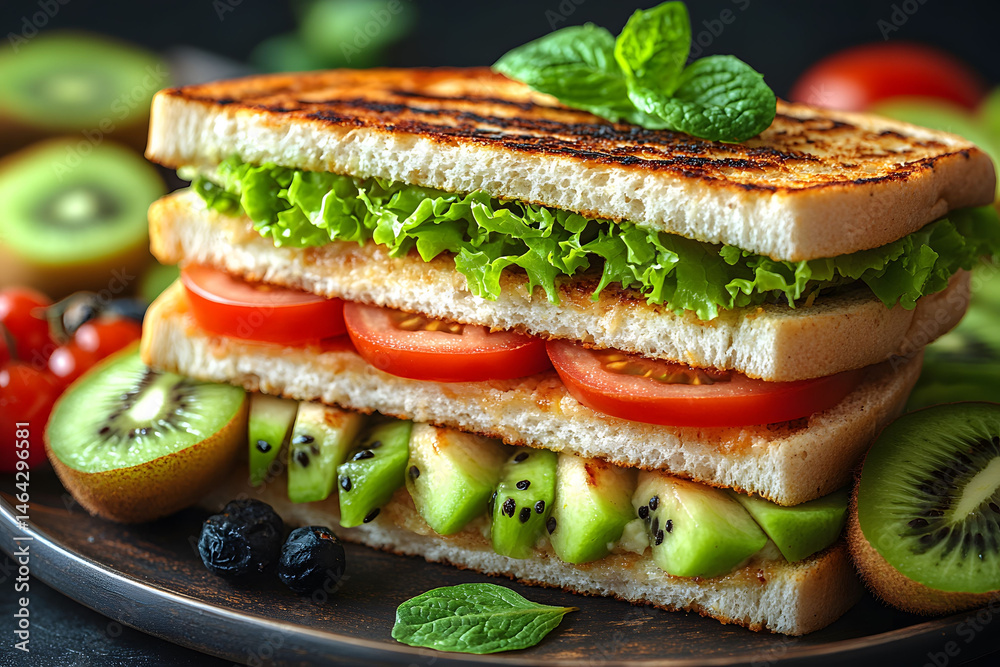 Vibrant Gourmet Sandwich with Fresh Kiwis and Tomatoes