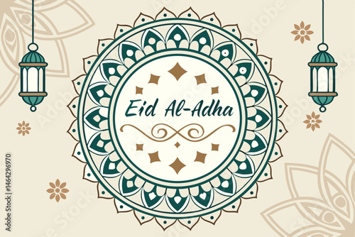 41 Islamic geometric art, Eid al-Adha calligraphy, ornate circular frame, gold and teal color scheme, intricate floral patterns, hanging lanterns, Arabic script, festive greeting card design, paper cu