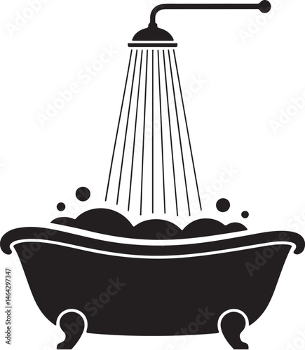  Bathtub with shower and water stream silhouette vector illustration, modern bath with showerhead design, bathroom symbol