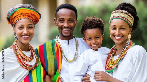 Happy ethiopian family in traditional attire.