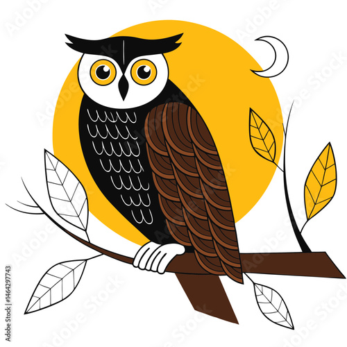 Owl sitting on branch with moon and sun background and copy space