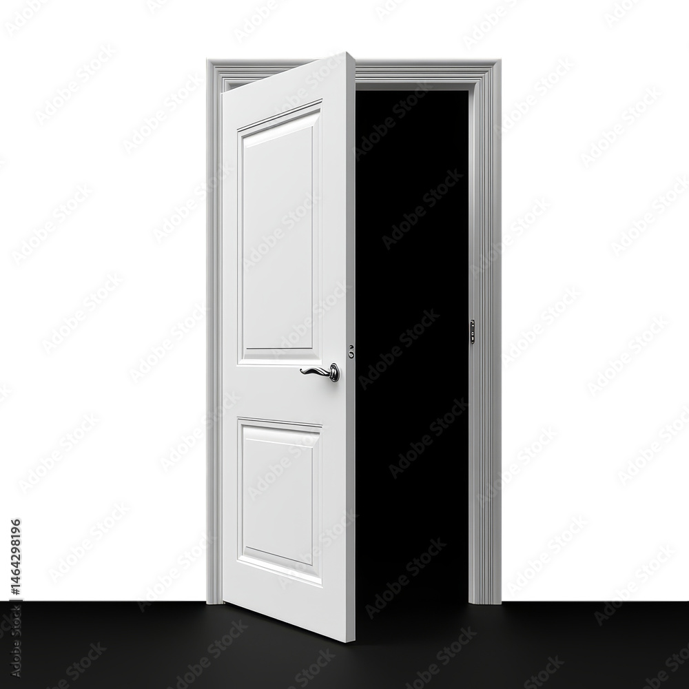 A white door opens. The door has a classic style panel and a modern handle. A white door opens. The door has a classic style panel and a modern handle.
