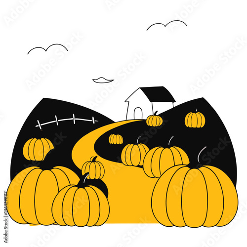 Halloween pumpkin patch with house and path illustration and copy space