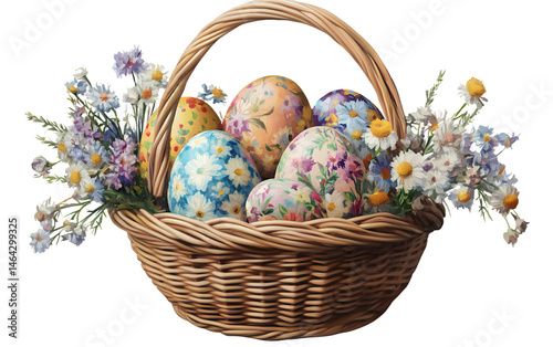 A basket with colorful Easter eggs decorated with flowers, on a transparent background.png