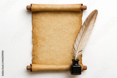 vintage scroll with feather quill and ink bottle old parchment paper torn edges historical writing concept on white background