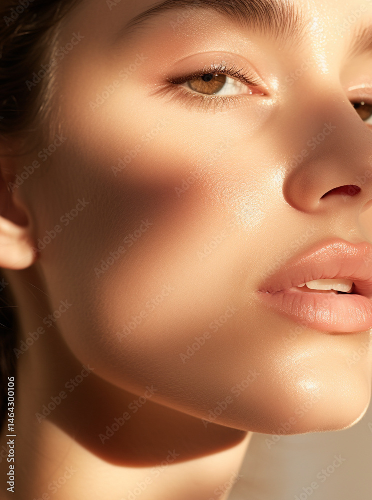 close-up of a woman’s glossy lips and soft jawline,glowing dewy skin,natural makeup, golden hour light reflecting off skin,soft shadows,blurred pastel background,feminine and ethereal beauty