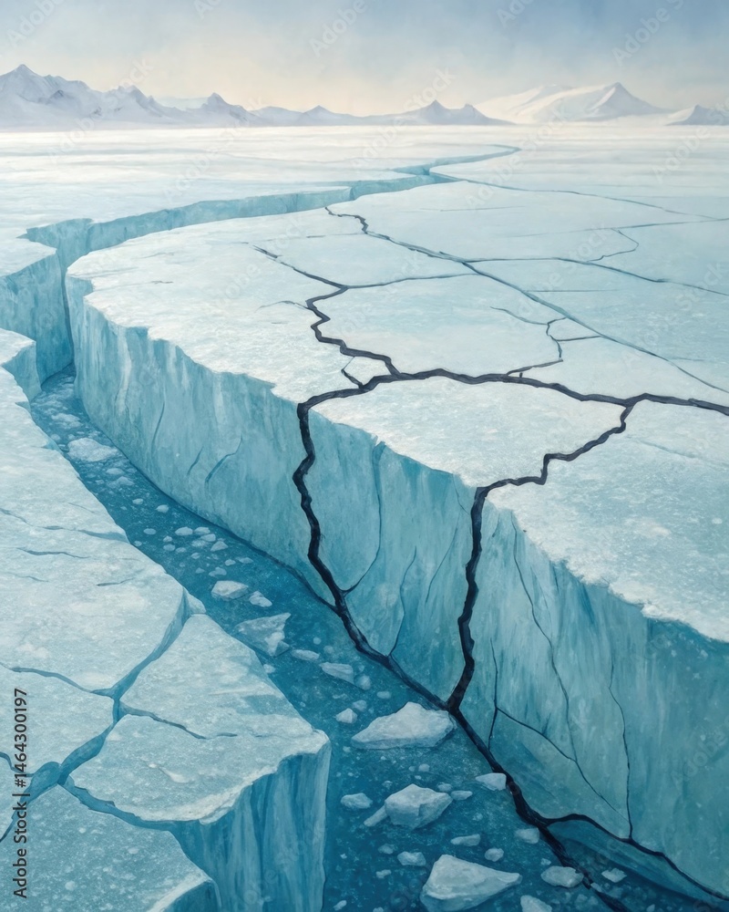 A closeup of the icy surface of the iceberg with cracks spreading outward indicating the fragility of the conscious mind and how subconscious issues can break through