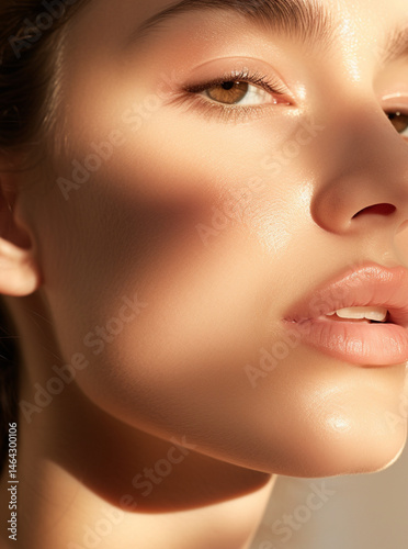 Obraz na płótnie close-up of a woman’s glossy lips and soft jawline,glowing dewy skin,natural makeup, golden hour light reflecting off skin,soft shadows,blurred pastel background,feminine and ethereal beauty w salonie