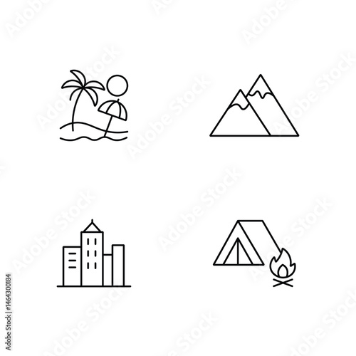 A clean and modern line icon set representing various travel and outdoor destinations