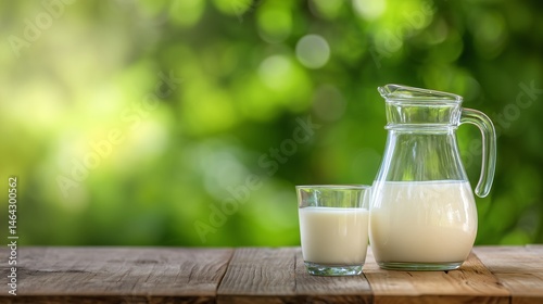 Fresh Milk in a Glass and Pitcher on wooden table