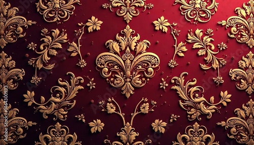 Intricate floral damask, rich burgundy and gold accents, room, interior design, sophisticated