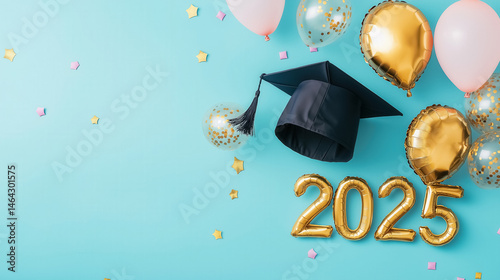 Graduation theme with a black academic cap and golden foil number balloons 2025