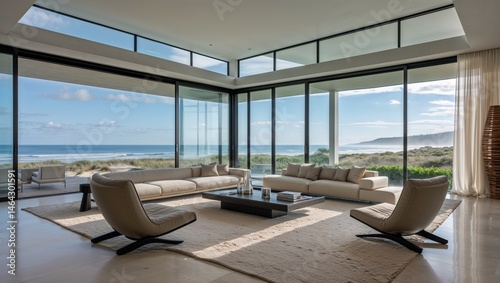 Modern architecture blends luxury office and living room design with expansive windows offering a sea view from a stylish, empty home