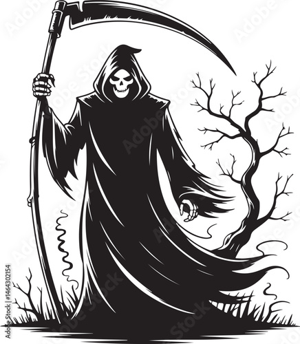 Grim Reaper Holding Scythe Silhouette Dark Figure in Robes for Halloween and Horror Design