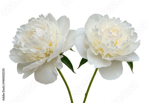 Fototapeta Naklejka Na Ścianę i Meble -  Two white peony flowers with green stems and leaves isolated on a white background