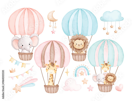 Watercolor Illustration Set of Safari Animal in Hot air balloon and Nursery Elements