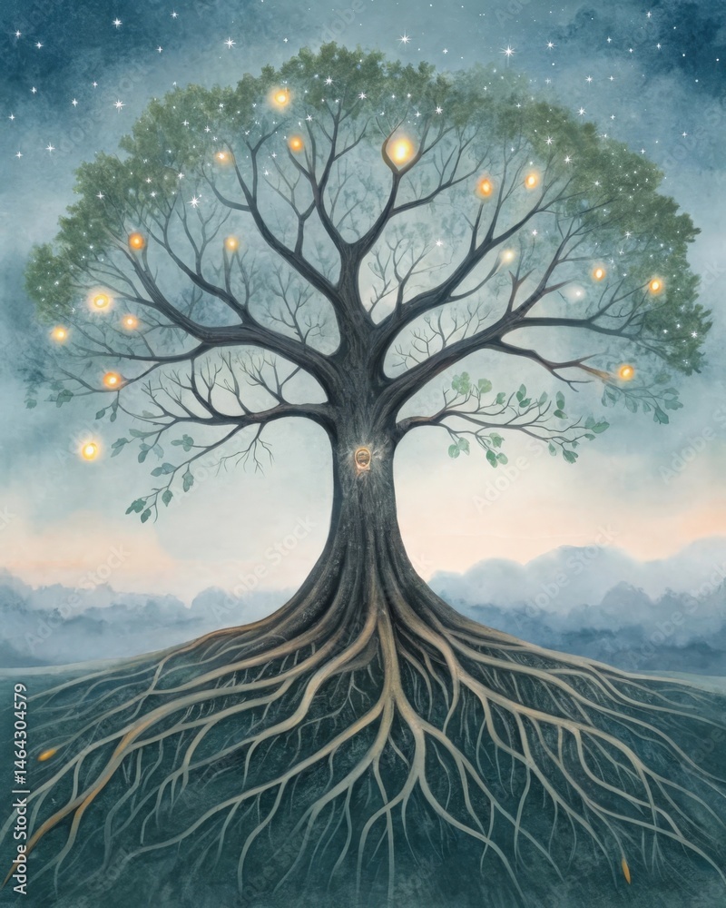 A tree with deep roots and expansive branches symbolizing a strong foundation of selfawareness that supports growth in multiple directions.