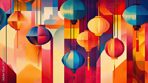 Colorful paper lanterns hanging abstract illustration. Bright colors shapes background AI generative